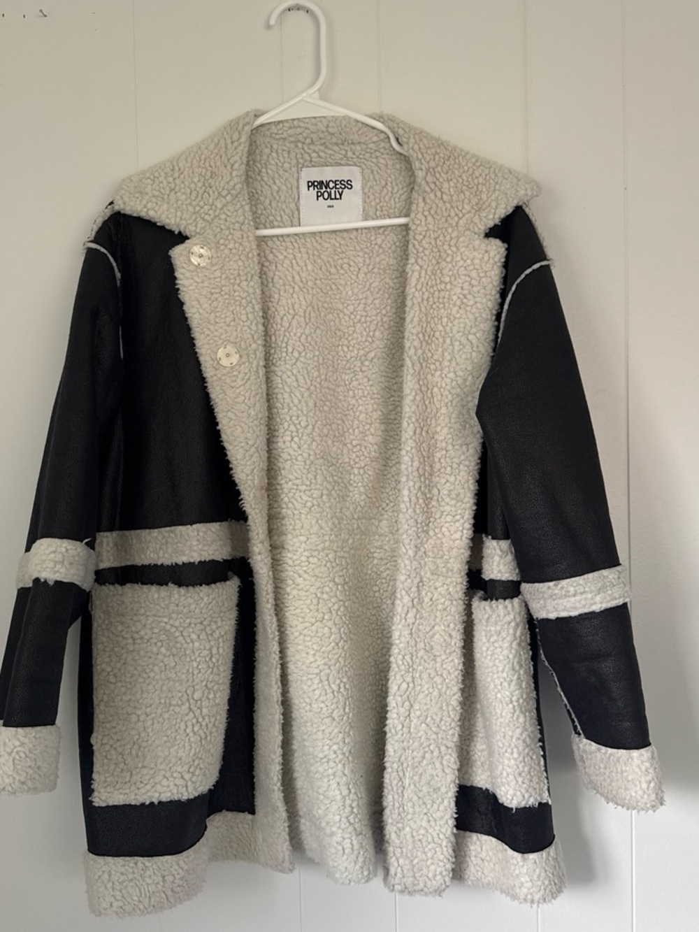 Princess Polly Black and Cream Faux Shearling Colorblock Coat